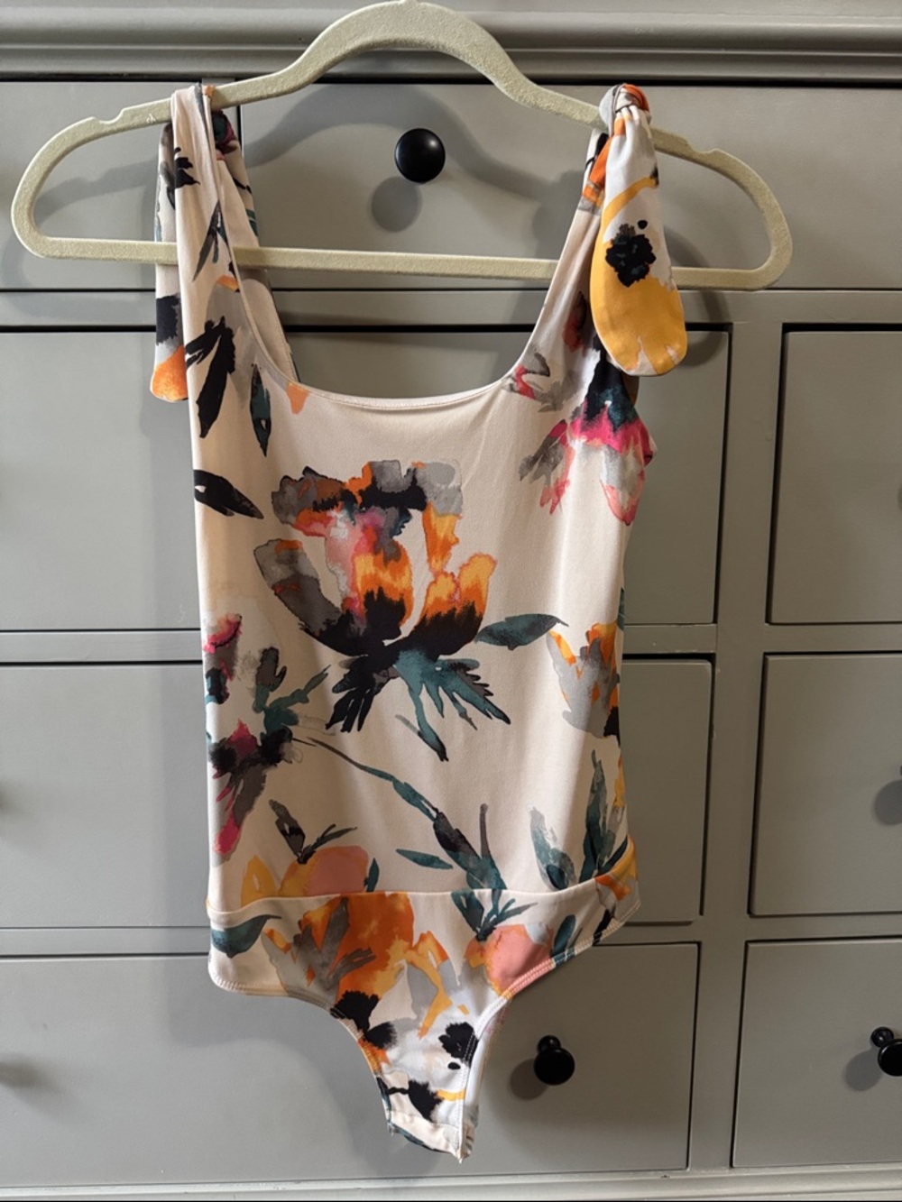 BCBGeneration Floral Tie-Shoulder Bodysuit in Cream, Yellow, Pink, Green
